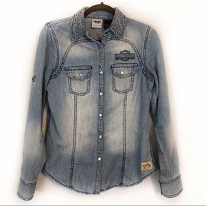 Harley Davidson denim long sleeve shirt distressed Small